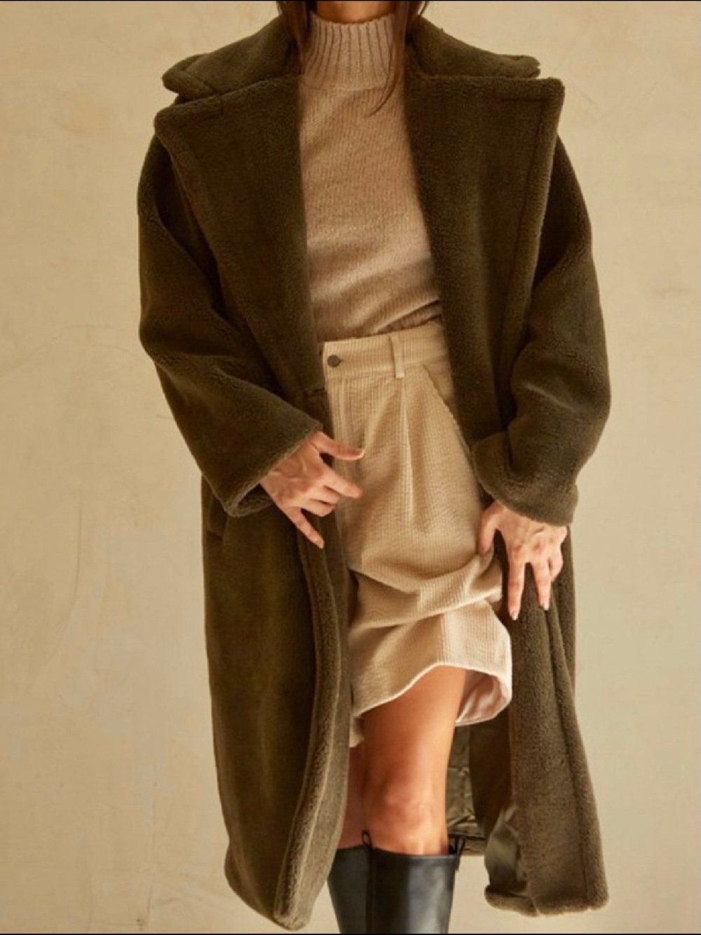 Crescent Long Teddy Jacket- Olive Green